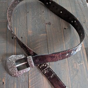 Snakeskin Leather Belt with Ornate Silver Buckle Rhinestone And Skulls